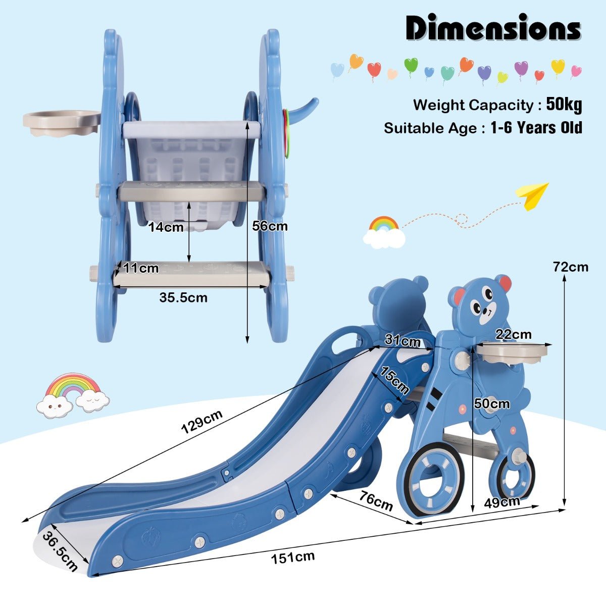 Multi-Functional Baby Slide with Basketball Hoop - Blue