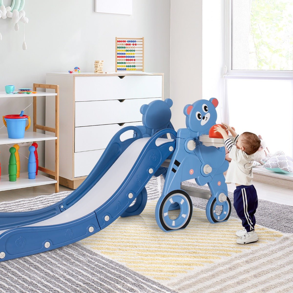 Foldable Baby Slide Climber with Basketball Hoop - Blue