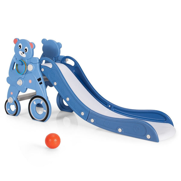 Blue Foldable Baby Slide Climber Playset with Basketball Hoop