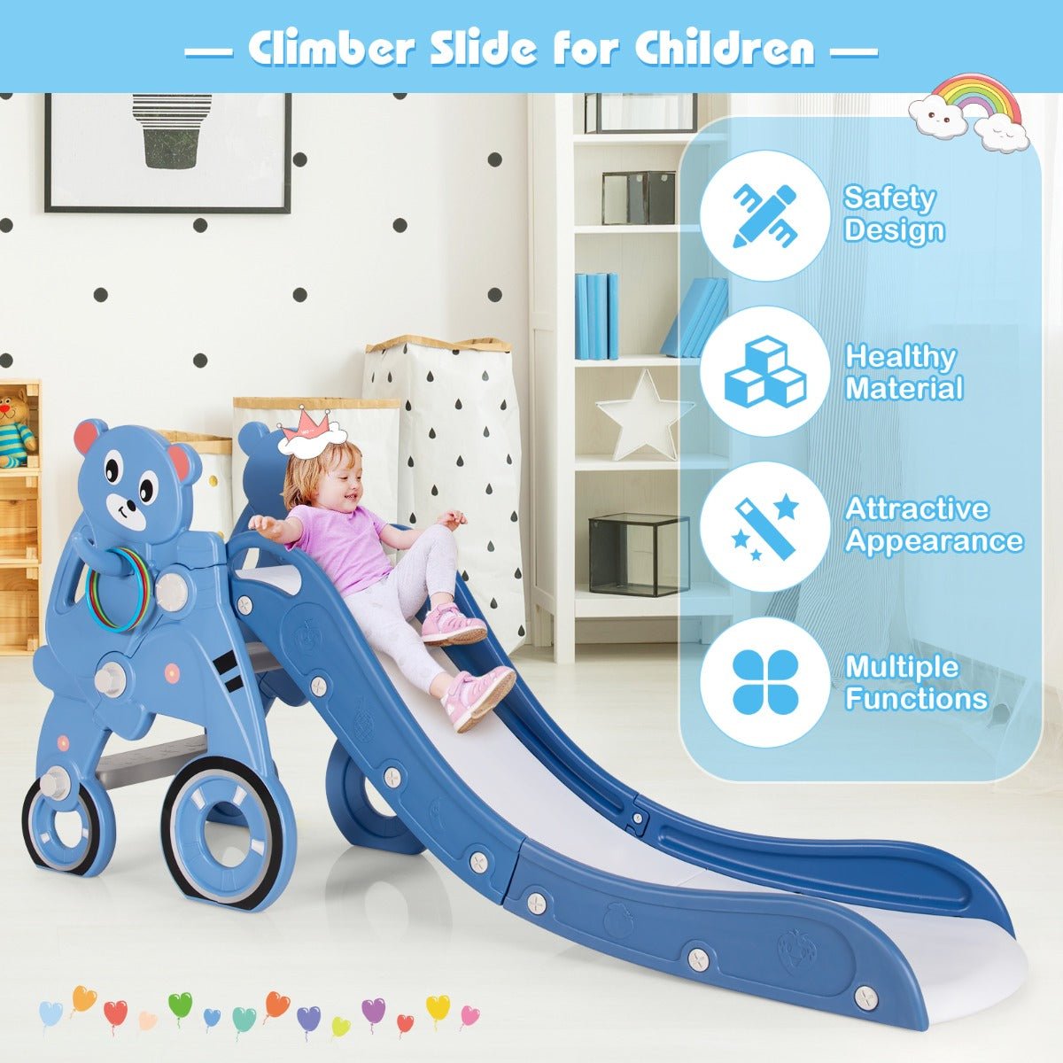 Kids Slide Playset with Basketball Hoop - Blue Edition