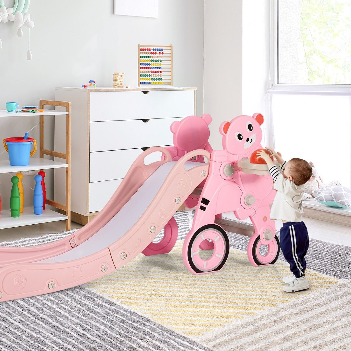 4-in-1 Baby Slide Playset - Pink Slide with Basketball Hoop