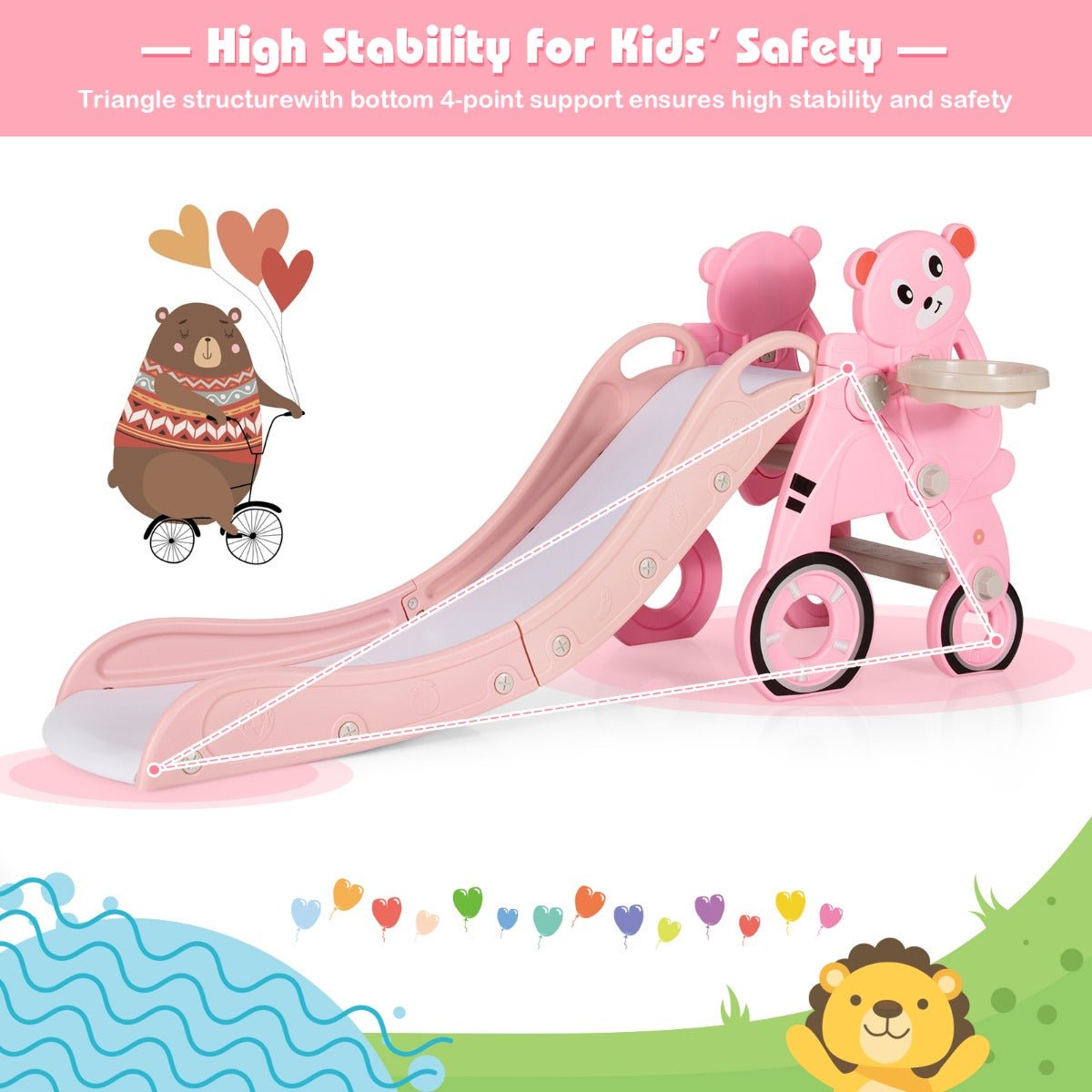 4-in-1 Bear Foldable Baby Slide Climber - Pink