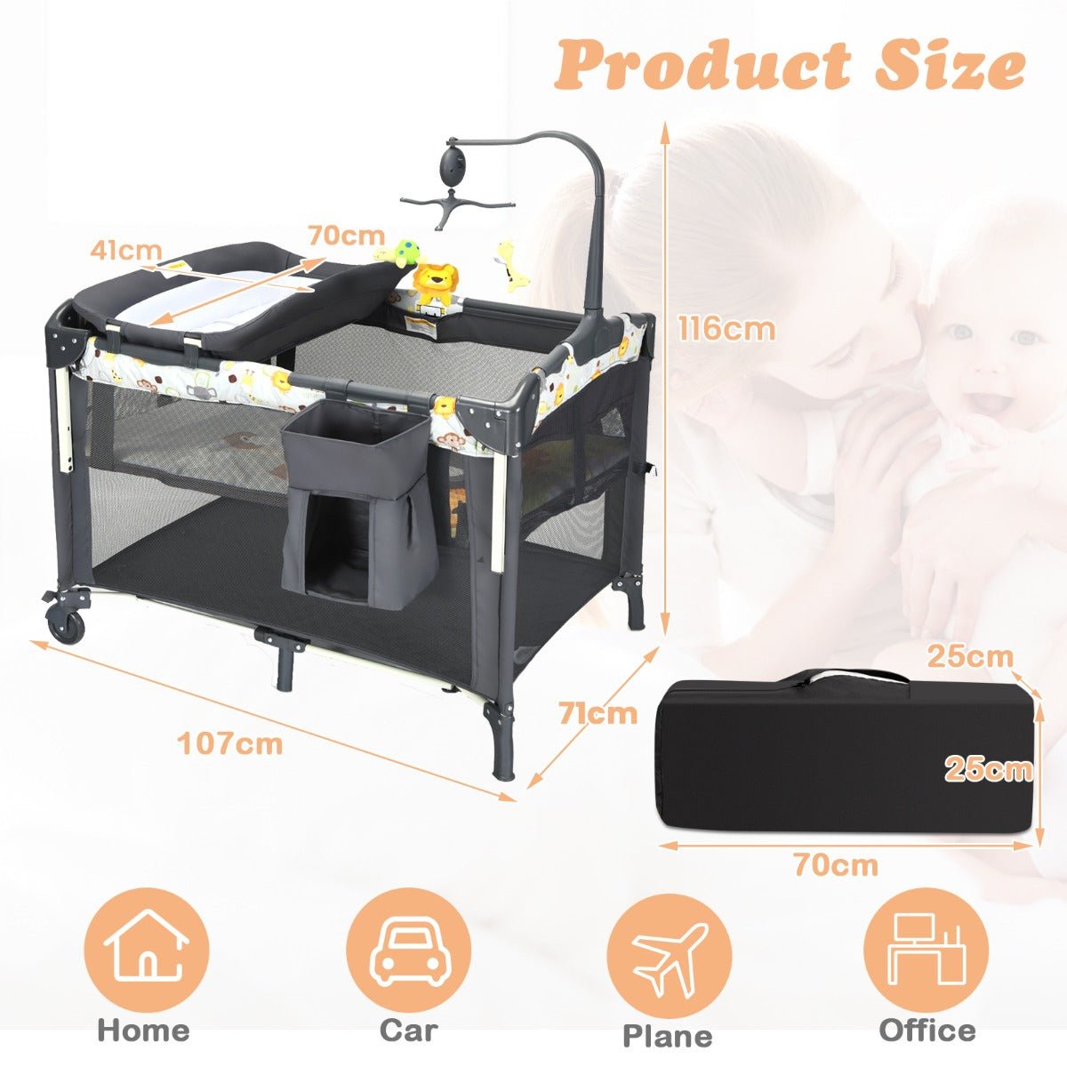 Versatile 4-in-1 Convertible Baby Nursery and Playard in stylish Grey for home play and rest.