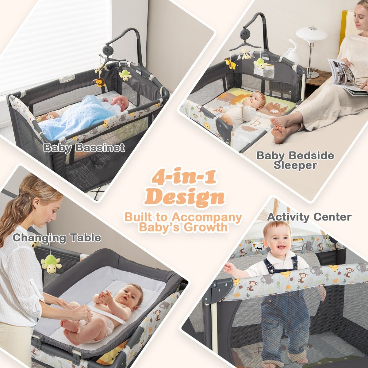 4-in-1 Convertible Baby Nursery Center with Changing Table Grey