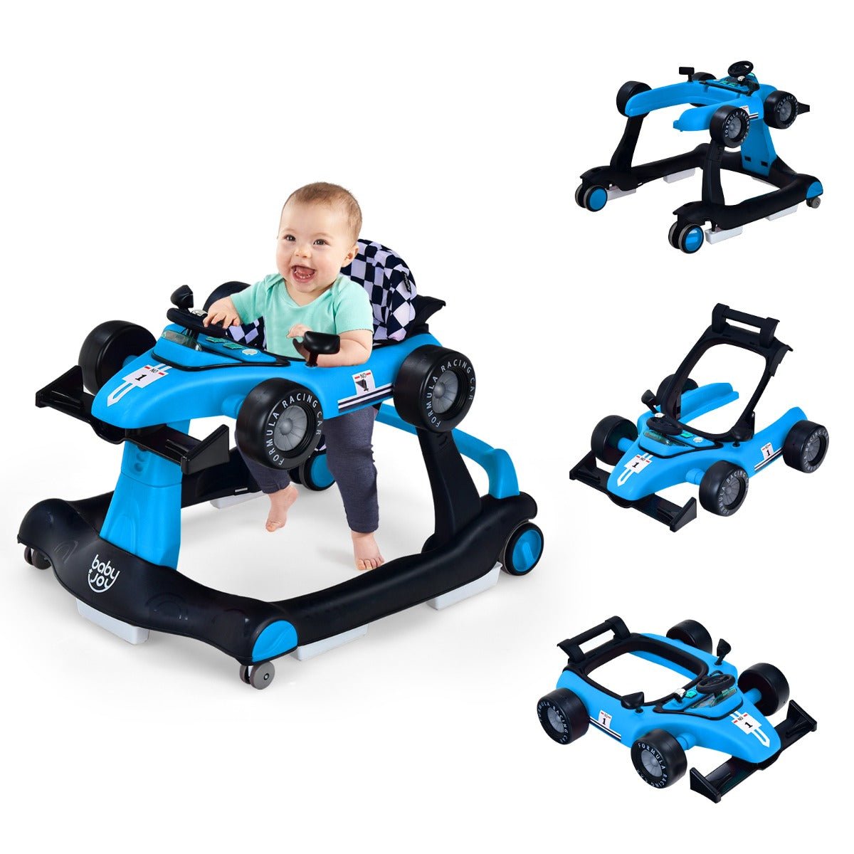 Multi-Functional Blue Activity Car Walker: 4-in-1 Design with Adjustable Height and Speed