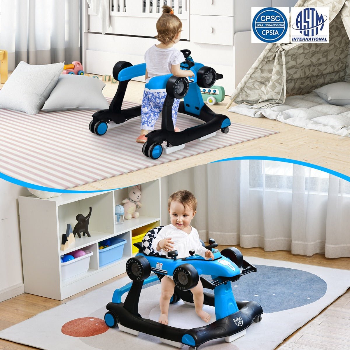 Adaptive Foldable Activity Car Walker in Blue: 4-in-1 Functionality, Adjustable Height, and Speed