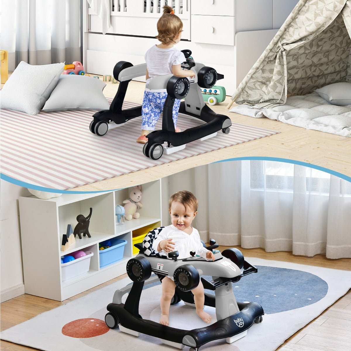 Explore Playful Adventures: Grey 4-in-1 Activity Car Walker