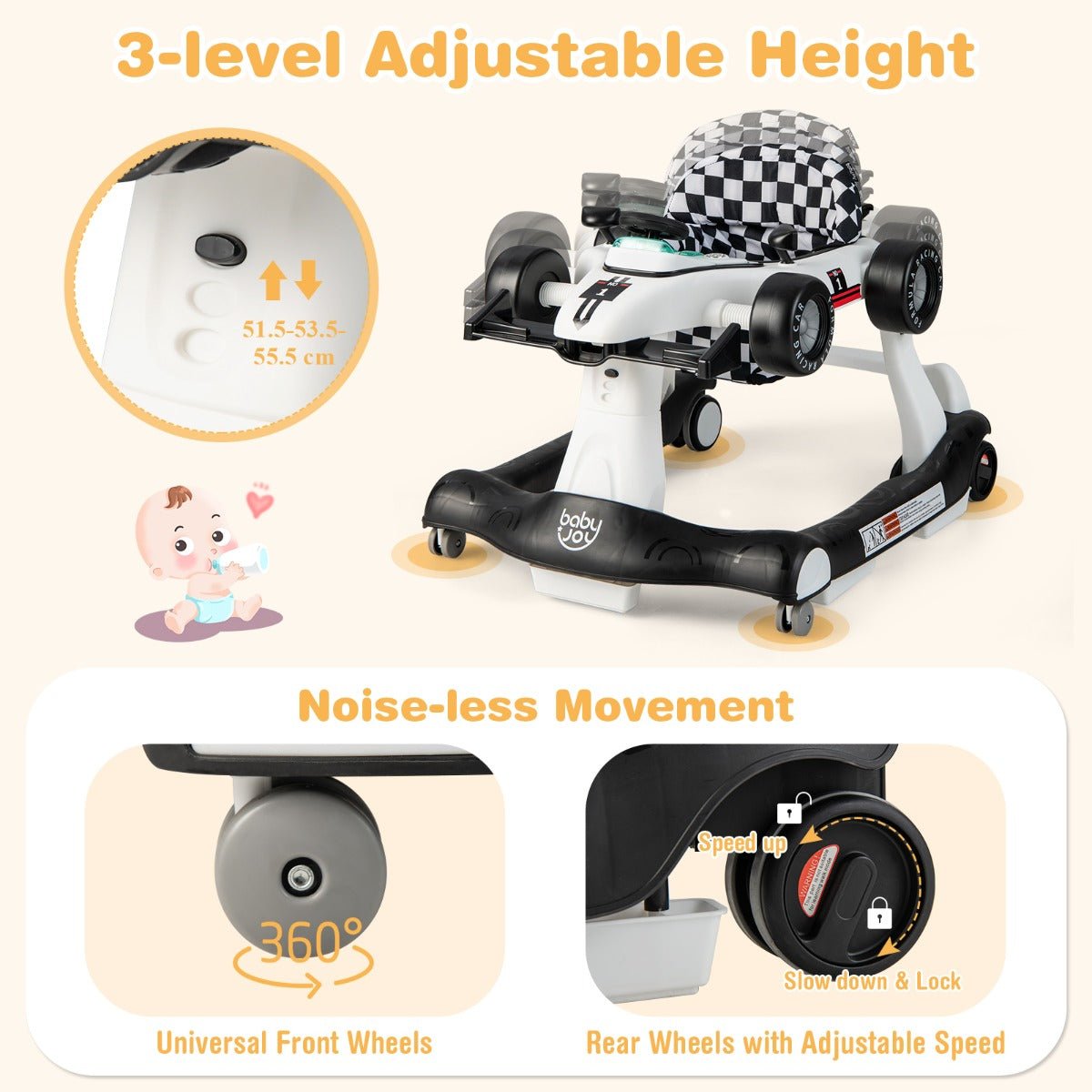 Get Rolling: White 4-in-1 Foldable Activity Car Walker