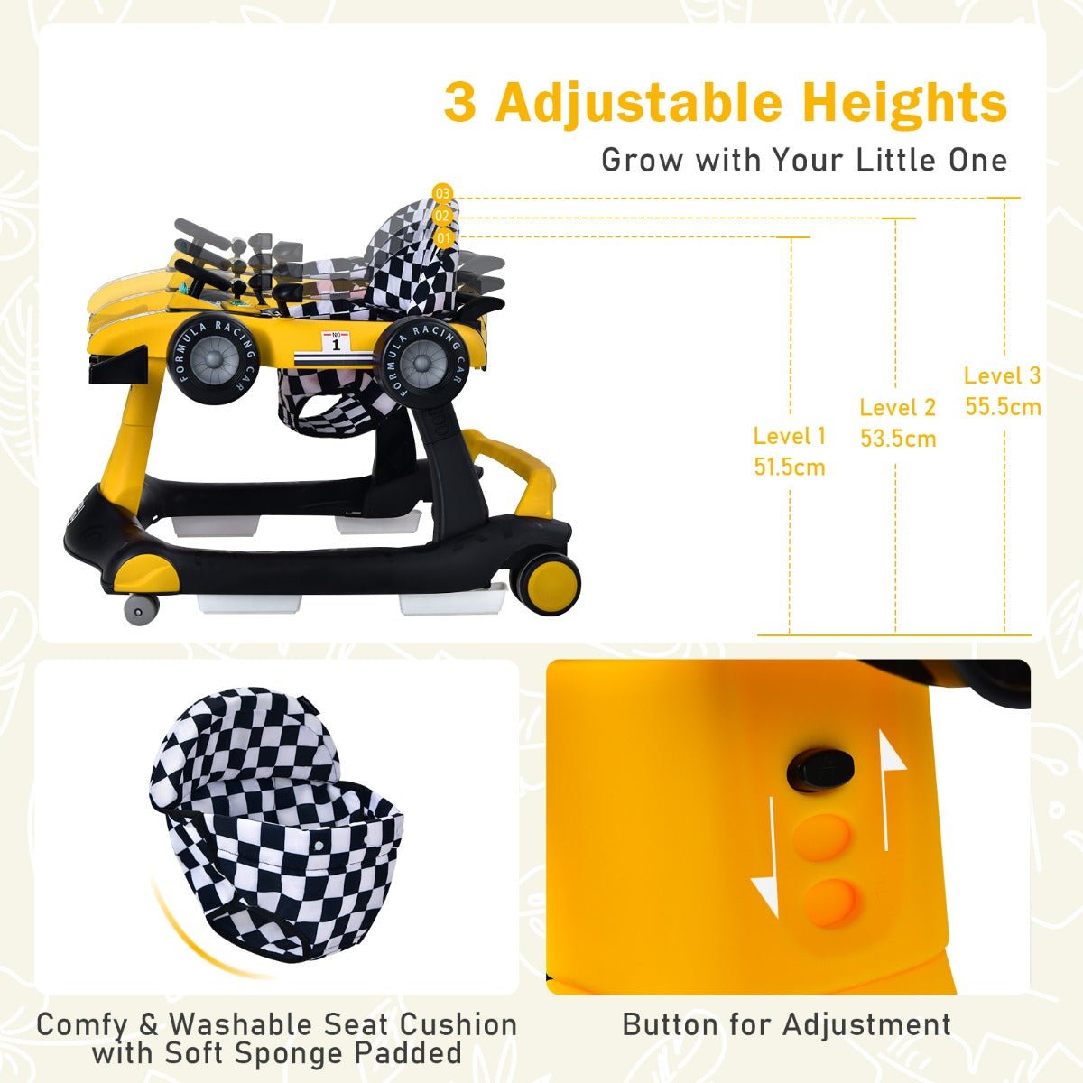 4-in-1 Baby Walker with AdjustabInteractive Play Car Walker with Adjustable Featuresle Height and Speed-Yellow