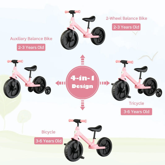 Pedal into Happiness: 4-in-1 Kids Training Bike with Training Wheels Pink