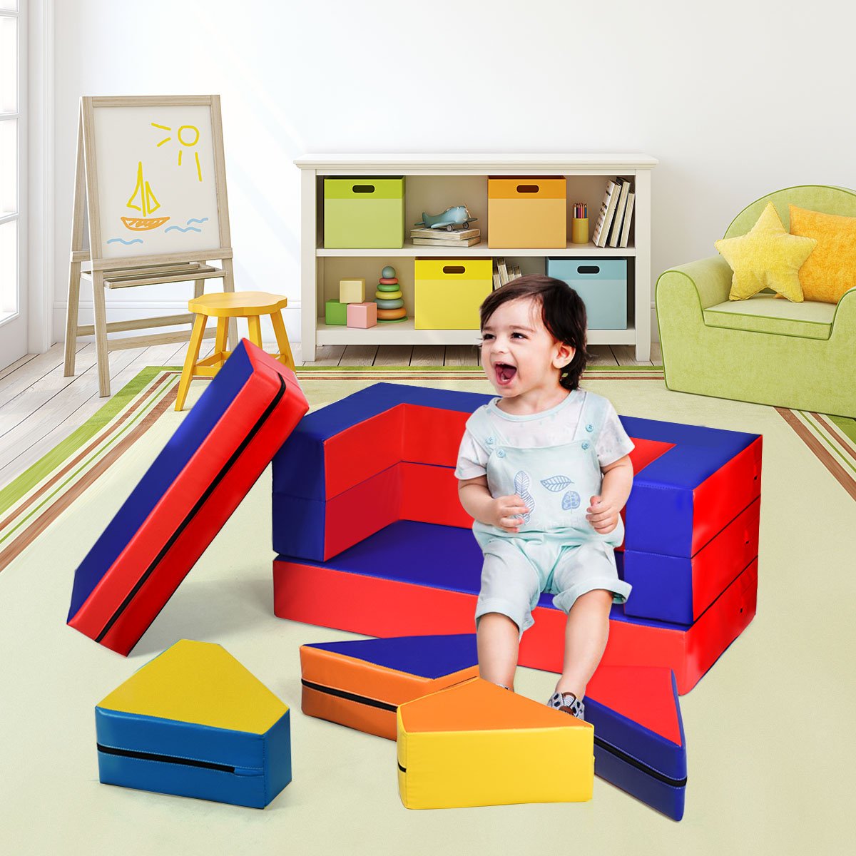 Kids Sofa Set - 4-In-1 Multicolour Combo, PU Surface for Enduring Play
