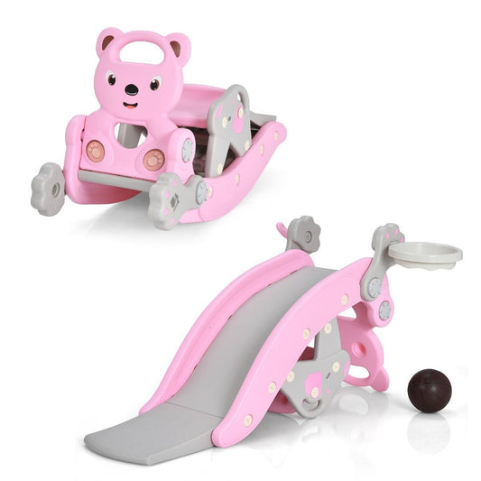 4-in-1 pink rocking horse and slide set for kids ages 1-5, perfect for indoor play.