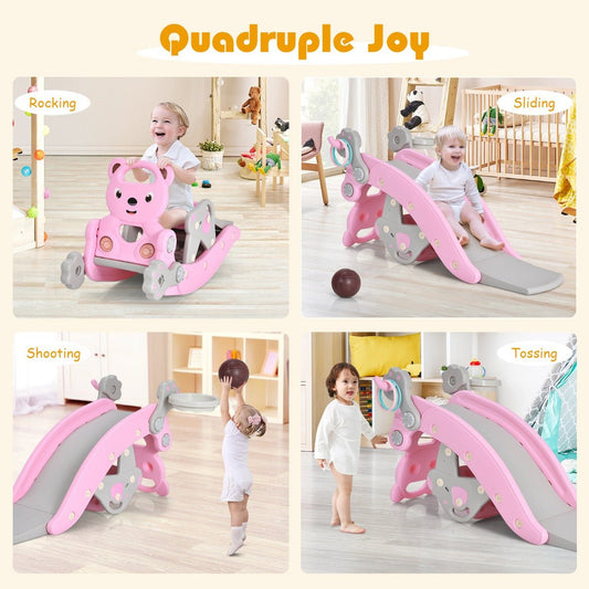 Versatile 4-in-1 pink rocking horse and slide set for toddlers ages 1-5 years.