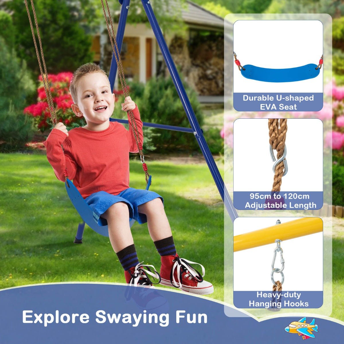 Kids swing set with basketball hoop, climbing frame for active outdoor play at home.