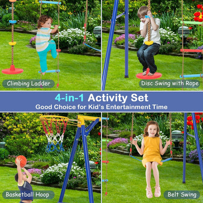 Kids swing set with basketball hoop and climbing frame for backyard fun and exercise.