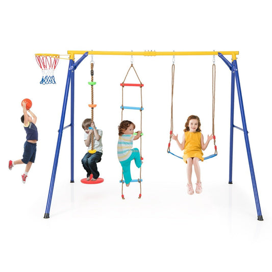 Kids swing set with basketball hoop and climbing frame for outdoor play and fun.