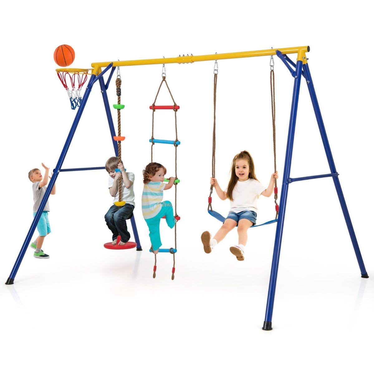 Kids Swing Set with Basketball Hoop and Climbing Frame for fun play at home.