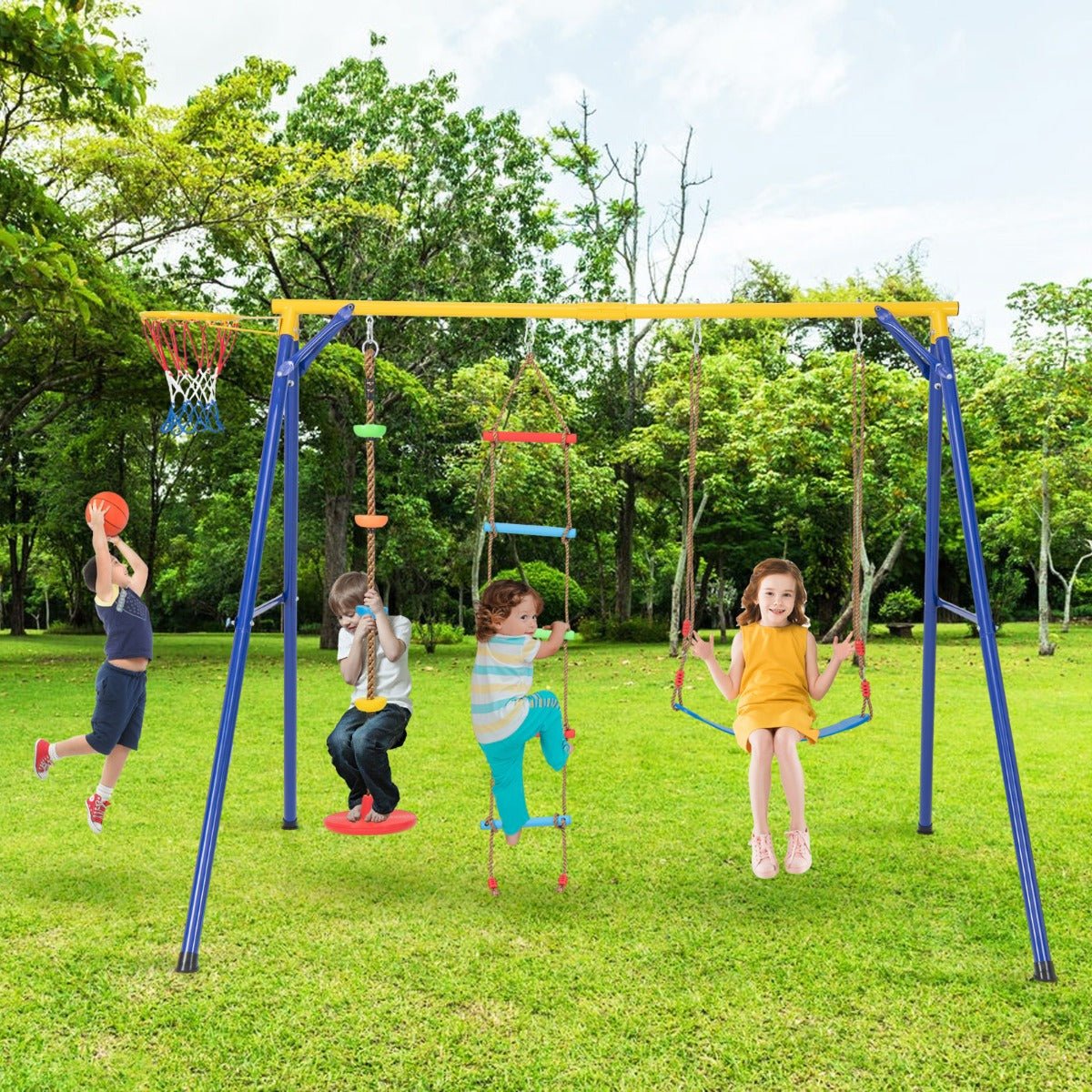 Kids swing set with basketball hoop and climbing frame, perfect for active play at home.