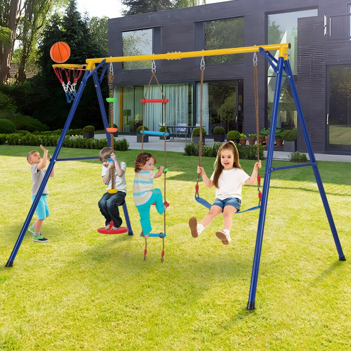 Kids swing set with basketball hoop and climbing frame for outdoor play at home.