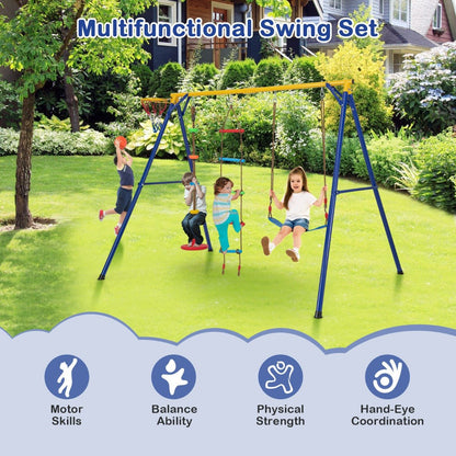 Kids 4-in-1 swing set with basketball hoop and climbing frame for active play at home.