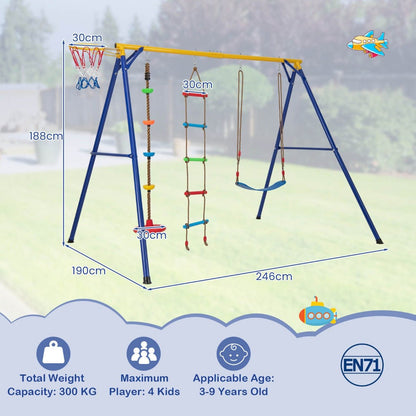 Kids swing set with basketball hoop and climbing frame, perfect for active backyard playtime.