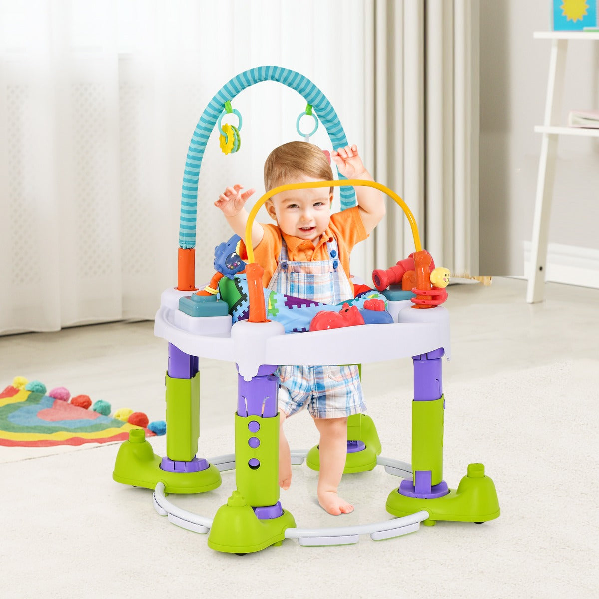 4-in-1 Baby Activity Center combining bouncer, walker, play mat and table for versatile playtime.