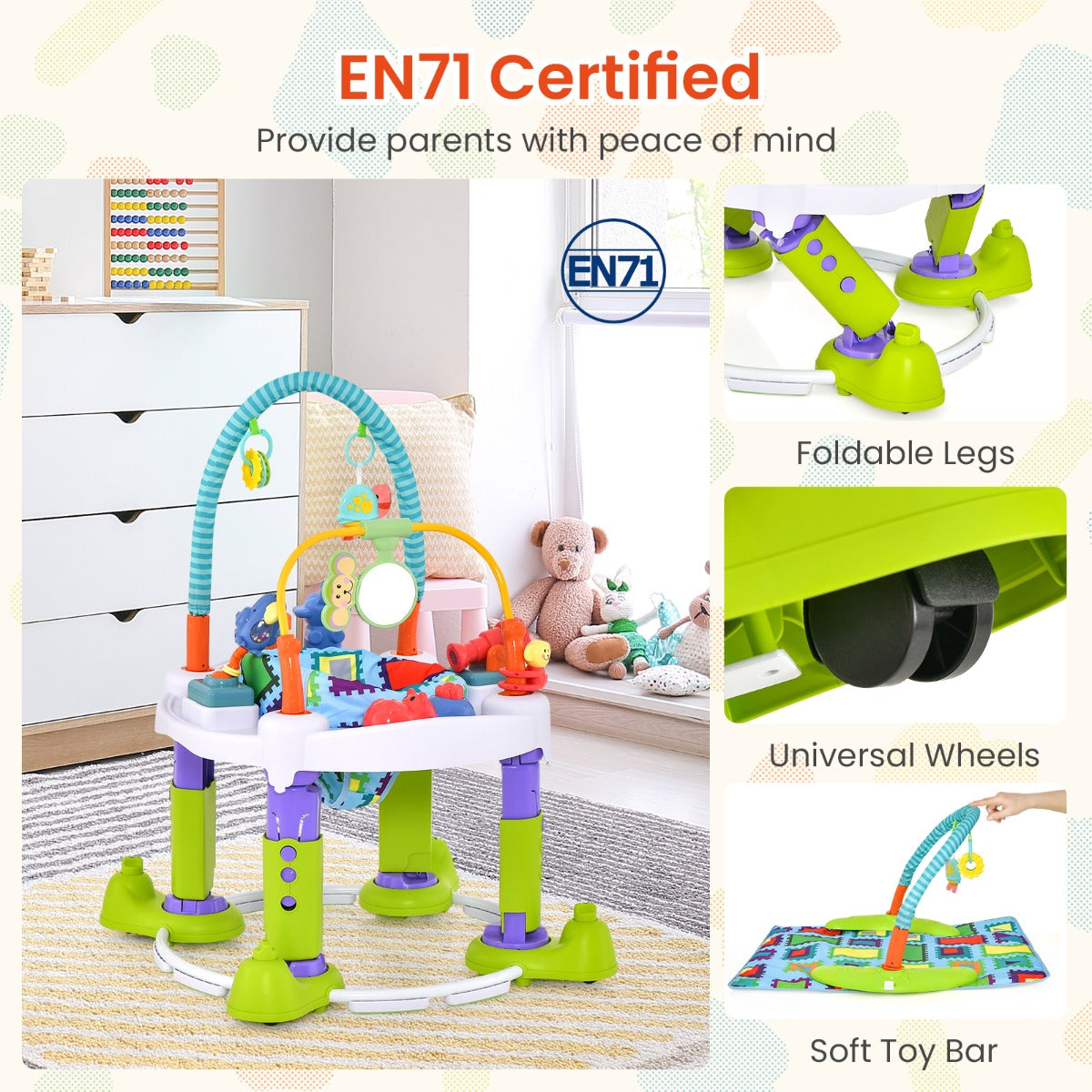 Versatile 4-in-1 Baby Activity Center for play, bounce, walk, and learn at home.