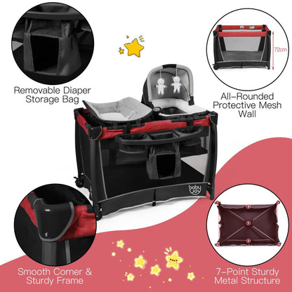 4-IN-1 Red Baby Portacot - Foldable Bassinet & Convenient Travel Bag Included