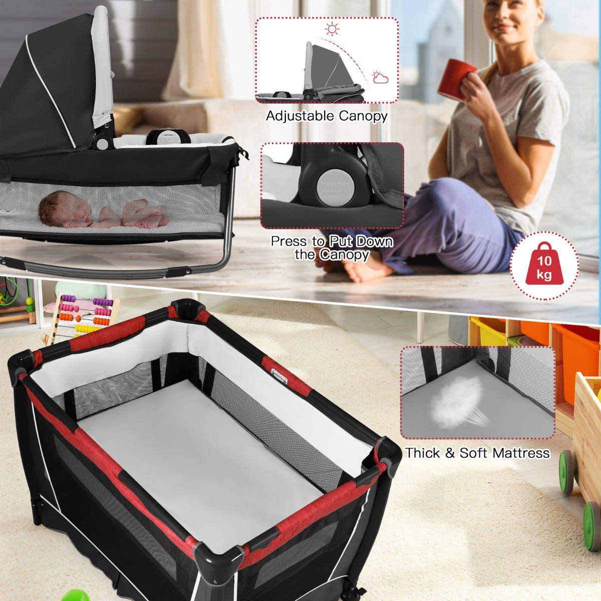 Versatile 4-IN-1 Red Baby Portacot - Foldable Bassinet & Easy-to-Carry Bag