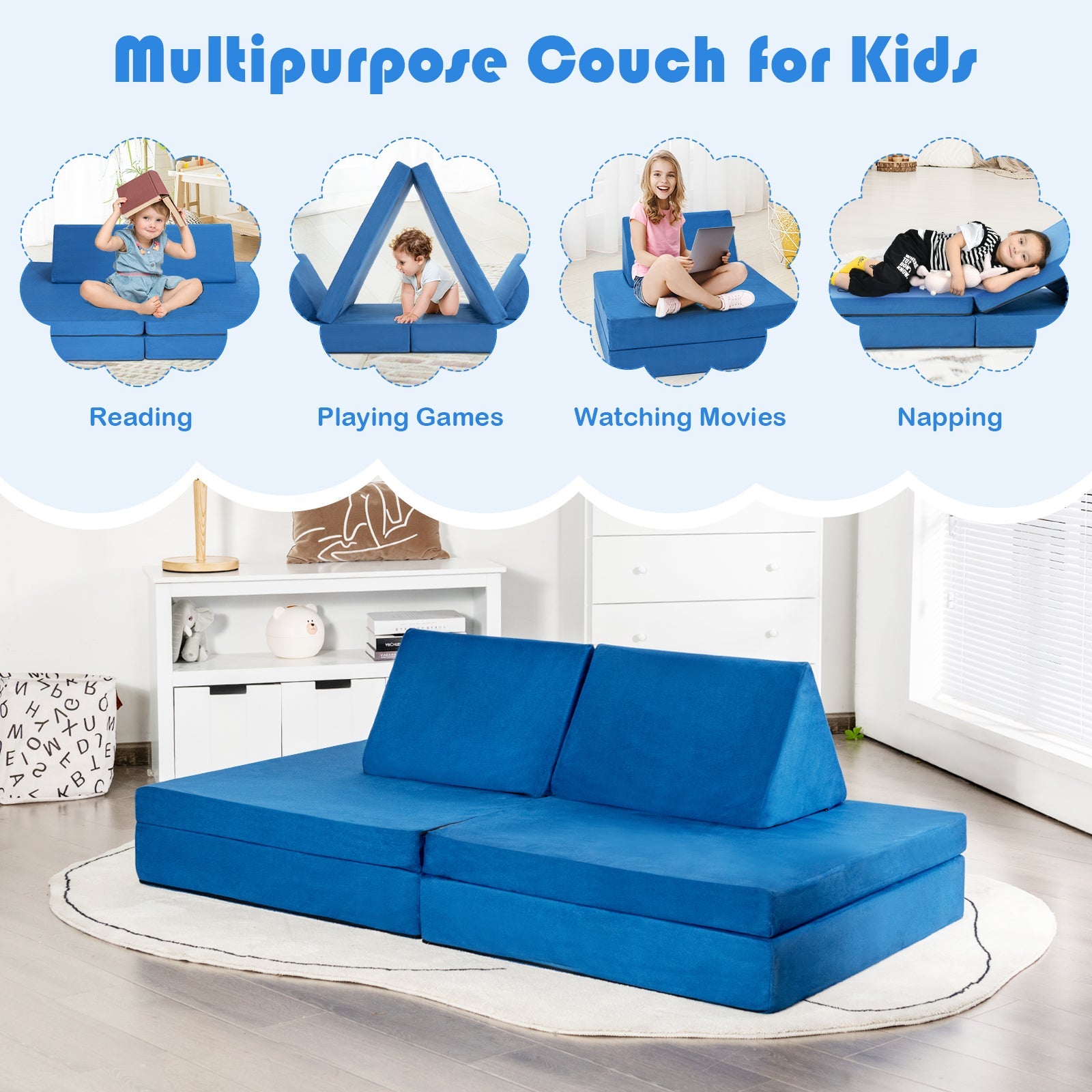 Kids Couch Combo - 4-Piece Convertible Set with 2 Folding Mats - Toddler-Blue