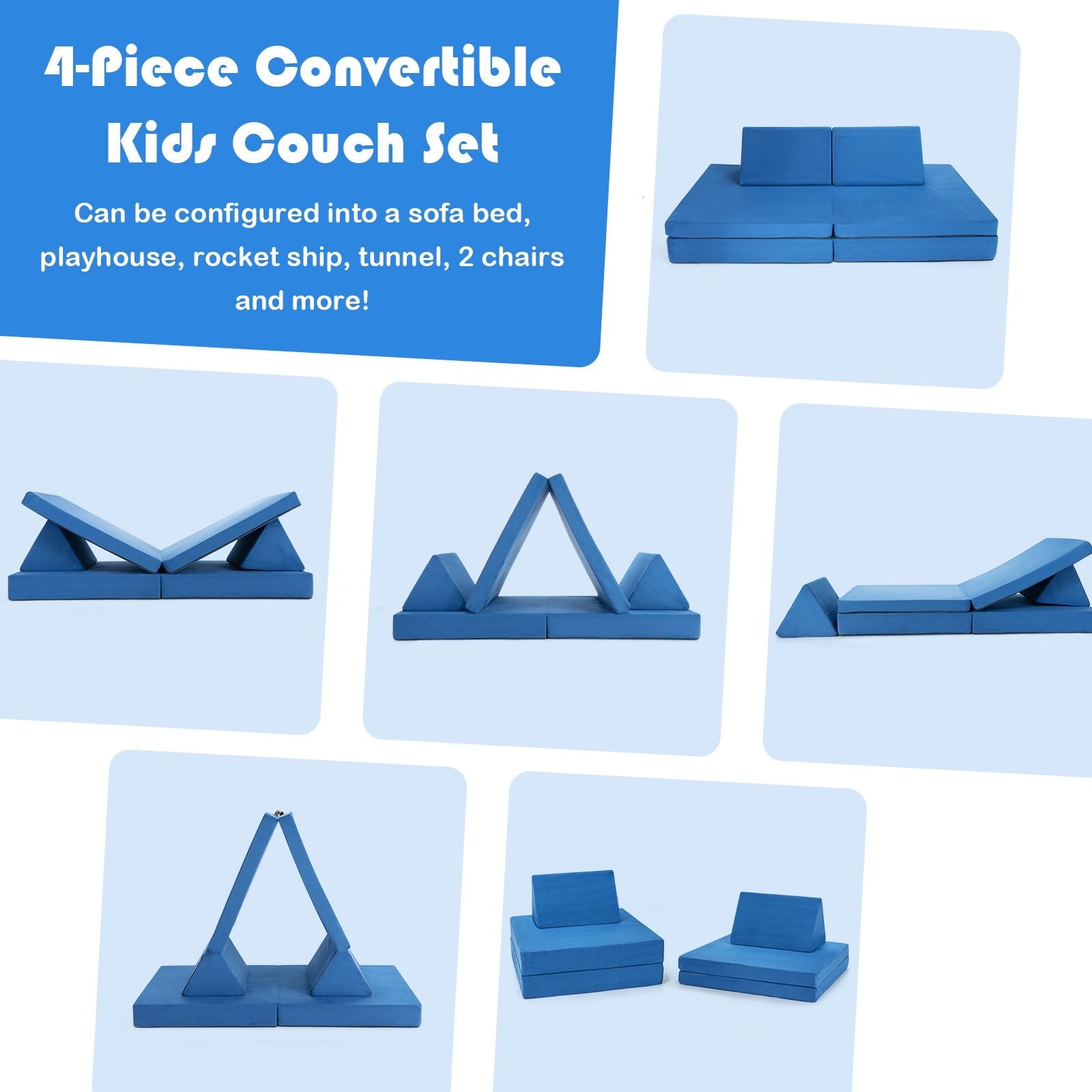 Kids Couch Set - Convertible Design with 2 Folding Mats - 4-Piece - Toddler-Blue