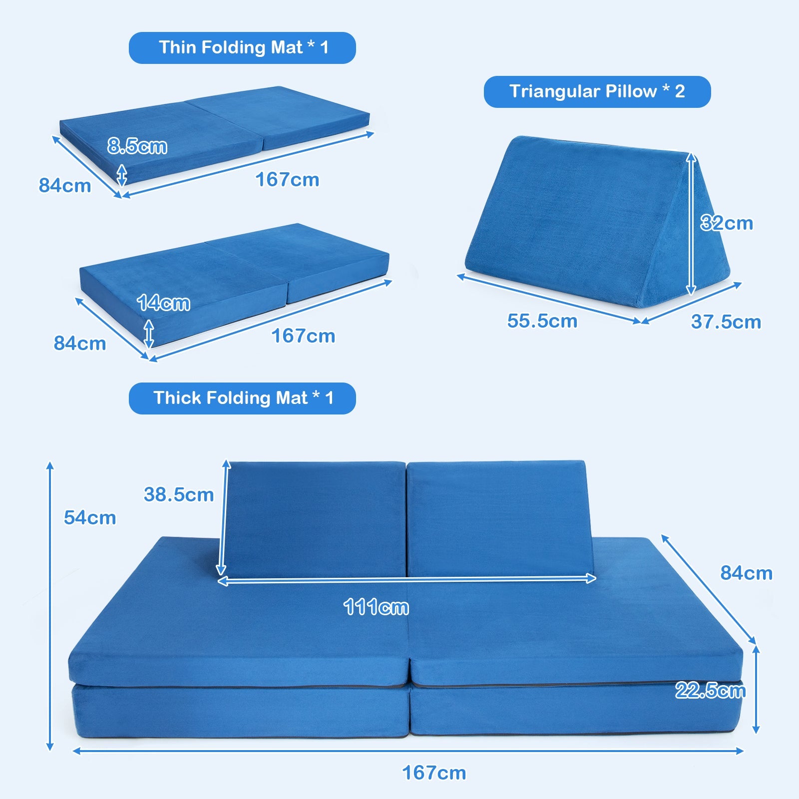 Convertible Toddler Couch with 2 Foldable Mats - Blue - 4-Piece Set