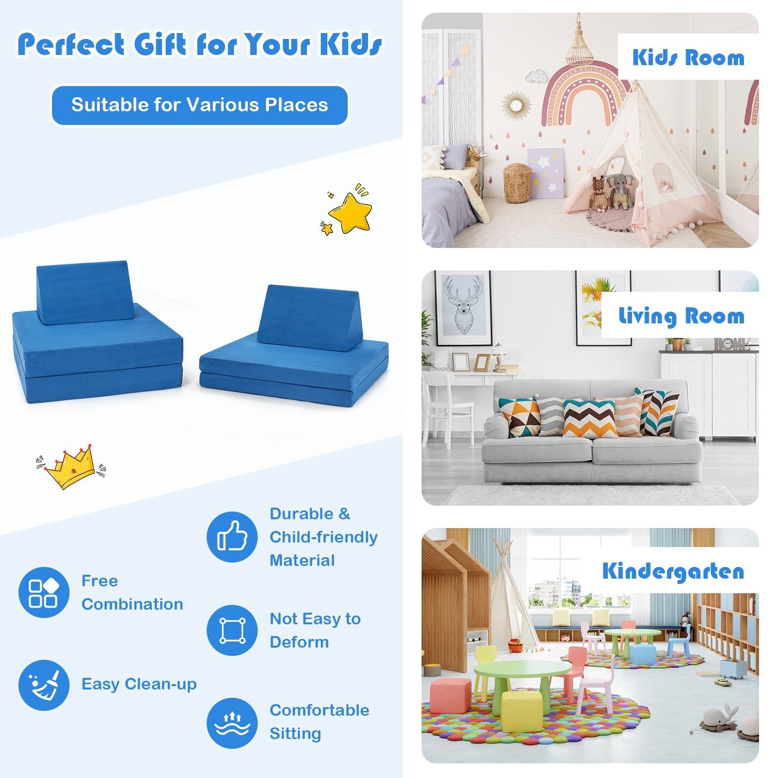 4-Piece Convertible Kids Couch Bundle - Blue - Includes 2 Foldable Mats