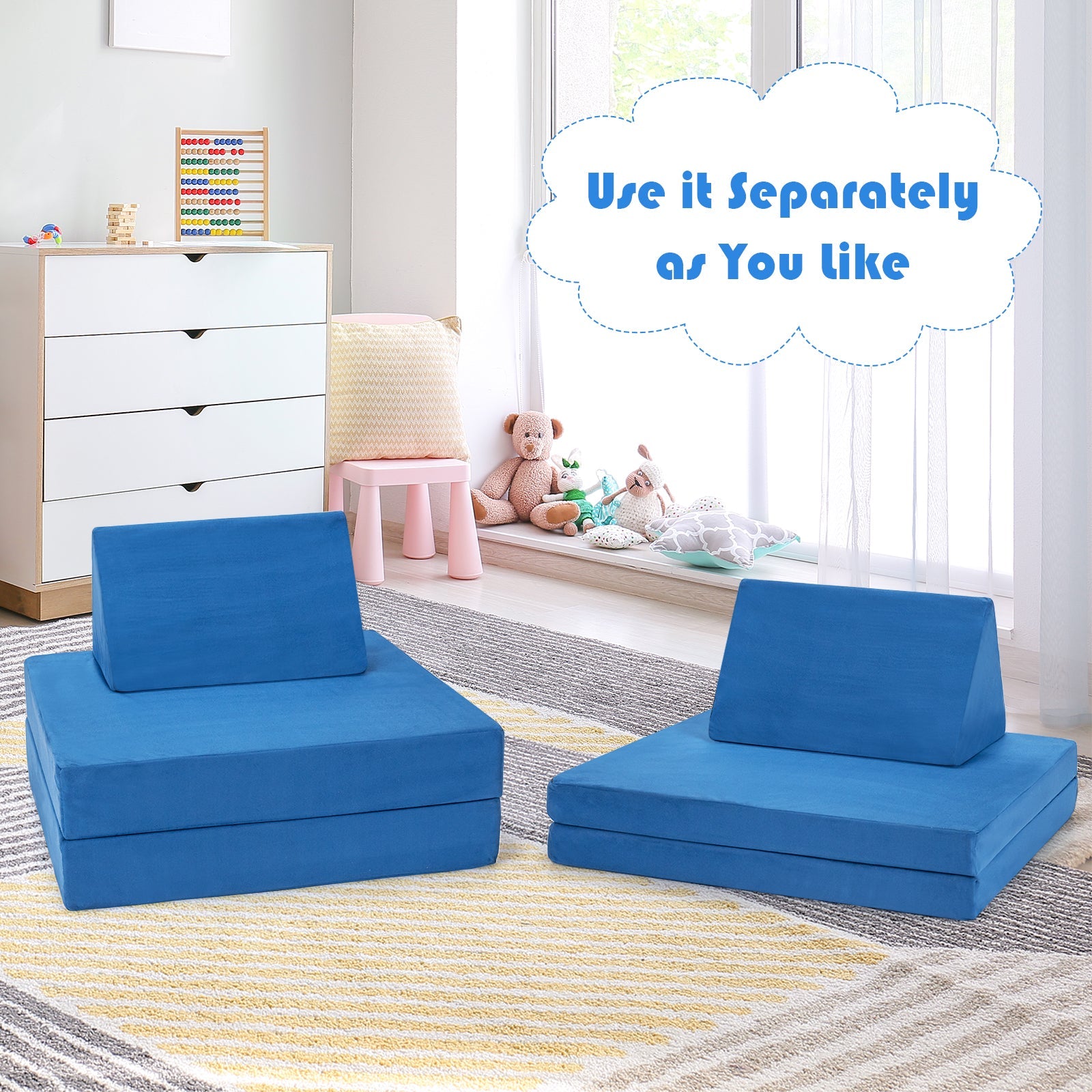 Bundle of Convertible Toddler Couch and 2 Foldable Mats - 4-Piece - Blue