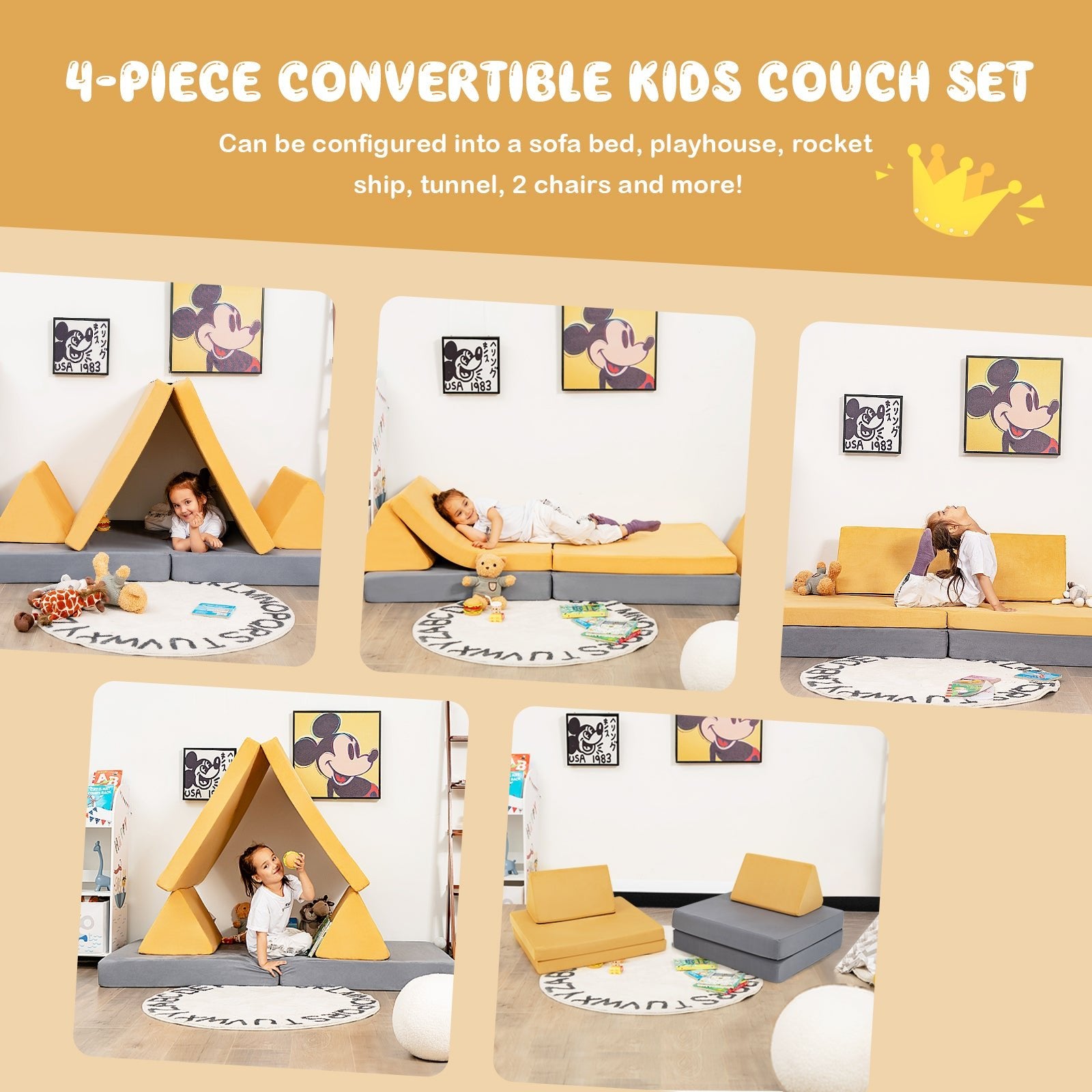 Kids Couch Set - Yellow Convertible Design with 2 Folding Mats - 4-Piece