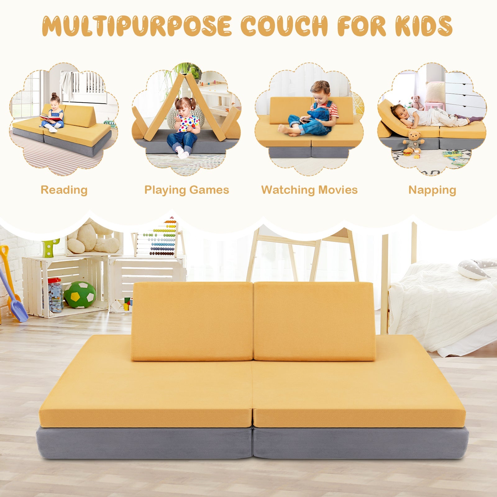Convertible Kids Couch Combo - 4-Piece Set with 2 Foldable Mats - Toddler-Yellow