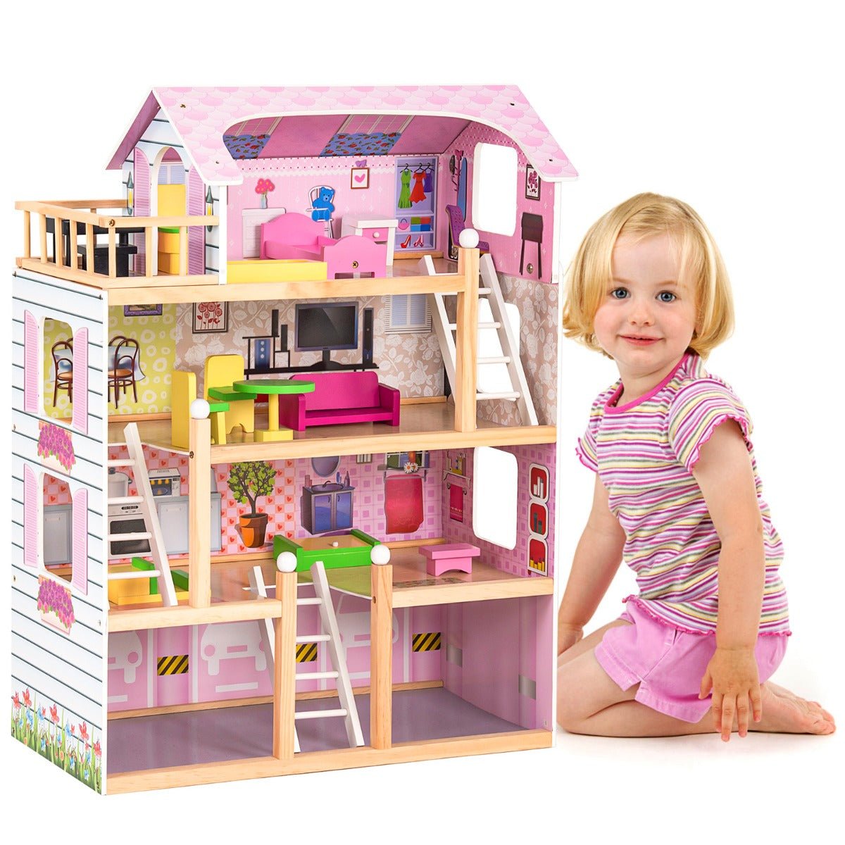 Multi-Level Wooden Doll House with 13 Pieces Furniture & Accessories