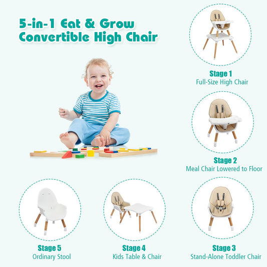 5-in-1 Wooden High Chair - Convertible Toddler Seating, Beige Finish