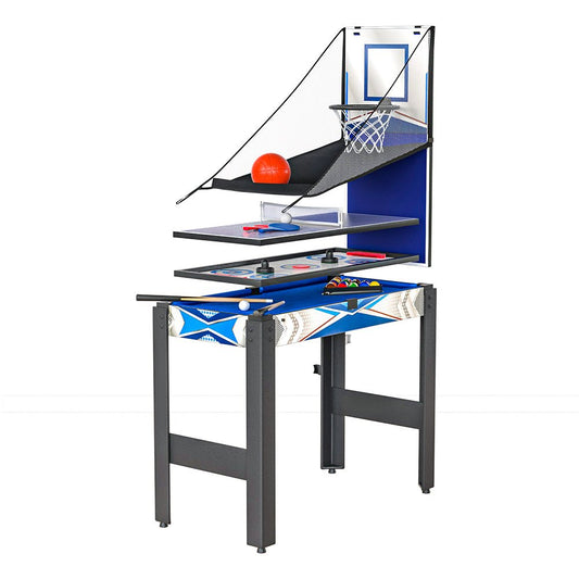 Multifunctional 5-in-1 games table for kids includes air hockey, pool, tennis, basketball, archery.