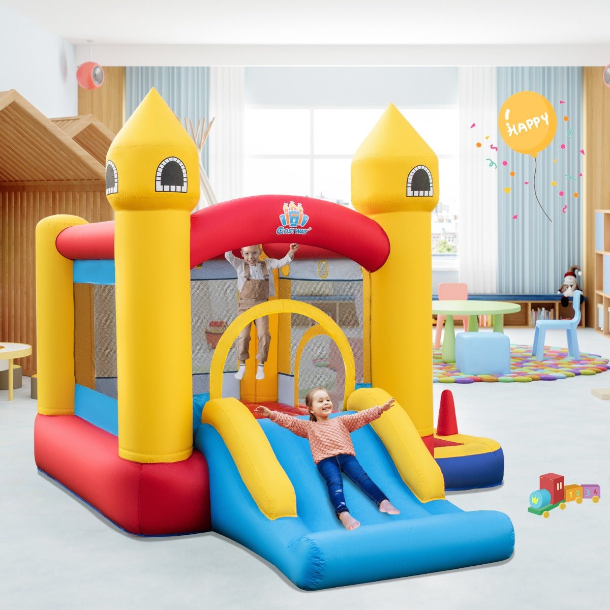 Kids inflatable bounce castle with slide and ball pit for hours of home fun