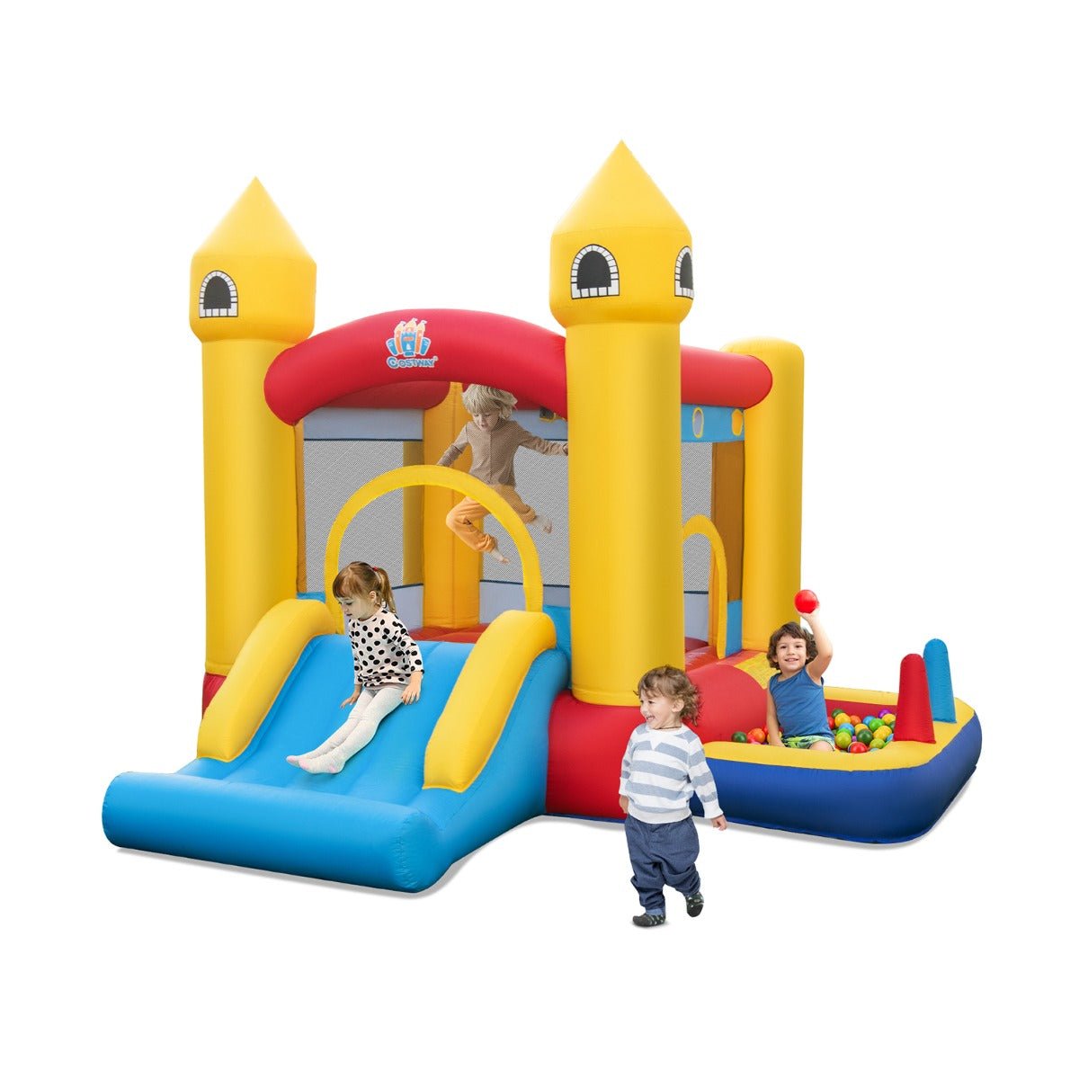 Inflatable kids bounce castle with slide and ball pit for backyard fun and playtime.