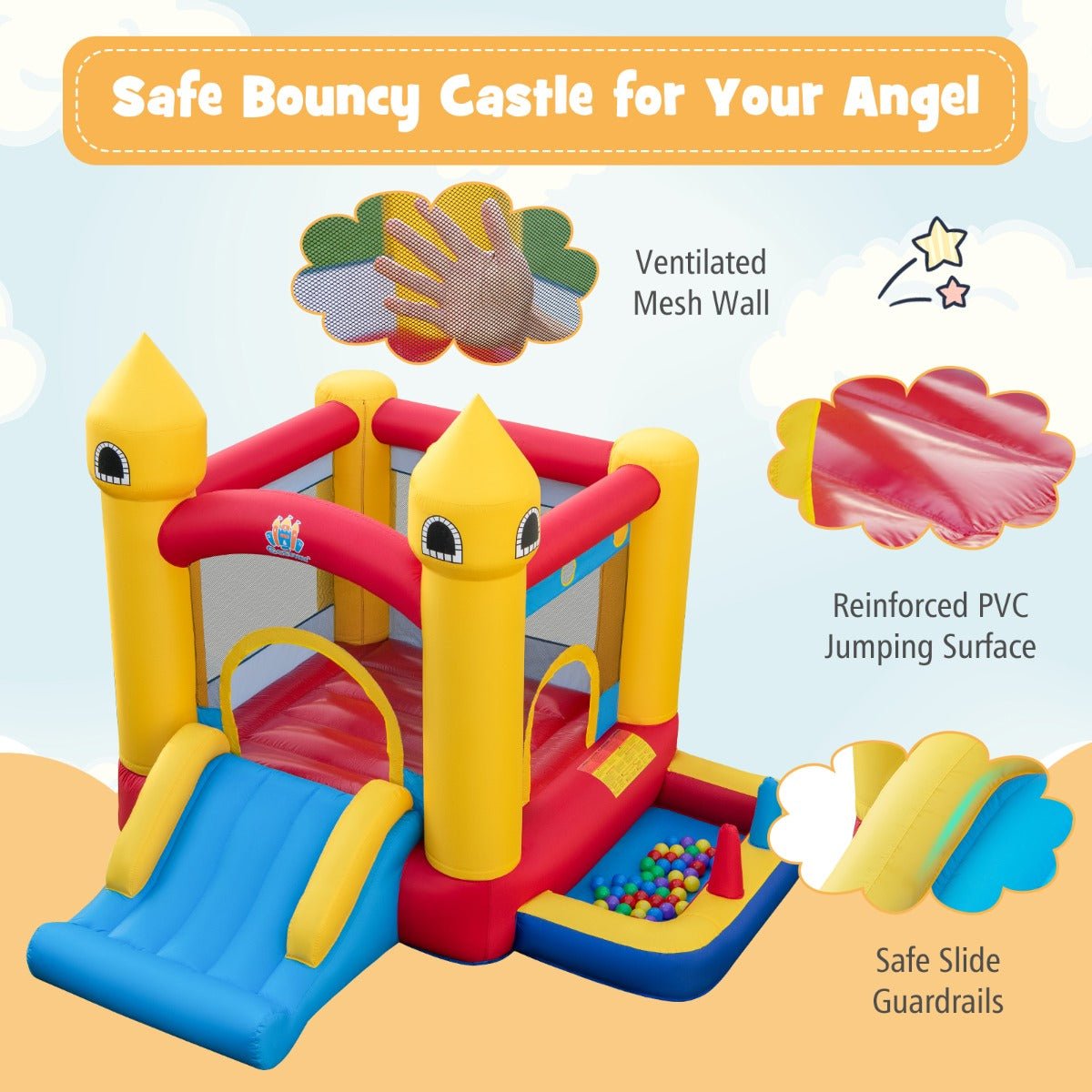 Kids 5 in 1 Inflatable Bounce Castle - Slide and Ball Pit for backyard fun