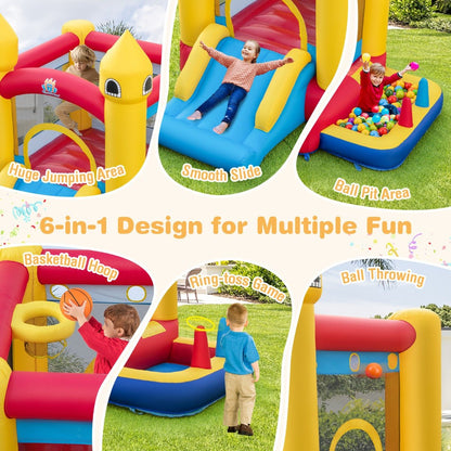 Kids 5-in-1 inflatable bounce castle with slide and ball pit, perfect for indoor fun.