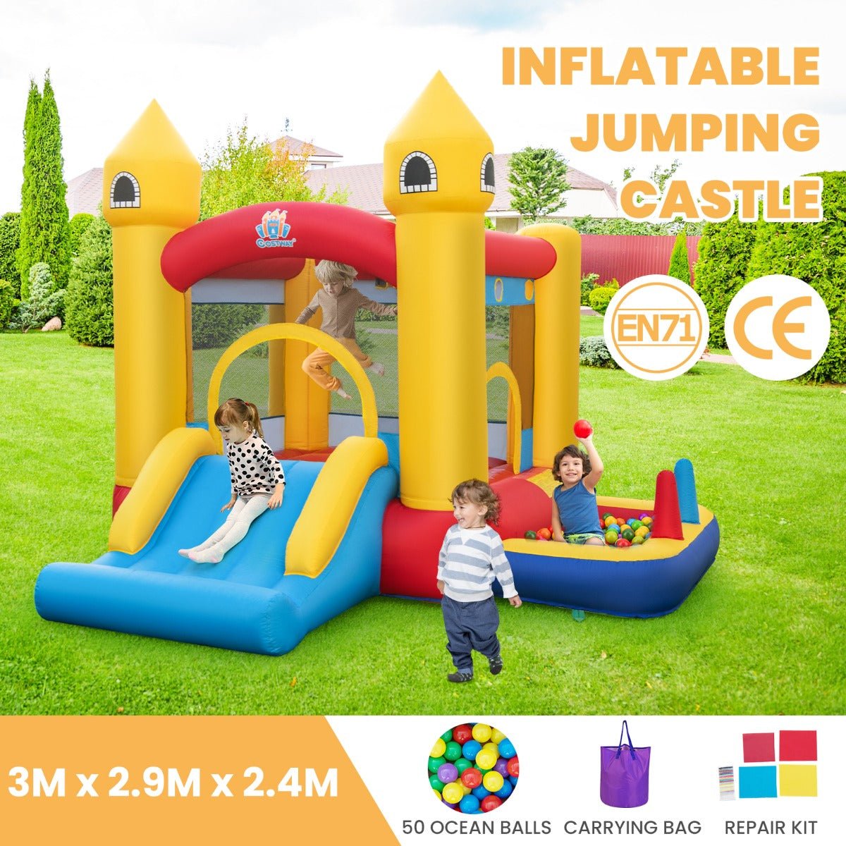 Kids inflatable bounce castle with slide and ball pit for home playtime fun.