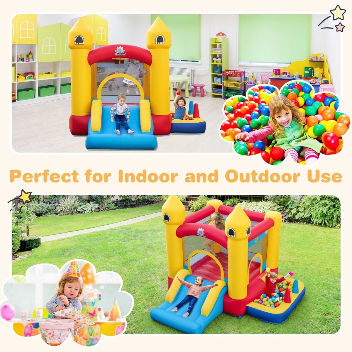 Kids 5 in 1 Bounce Castle with Slide and Ball Pit for backyard fun.