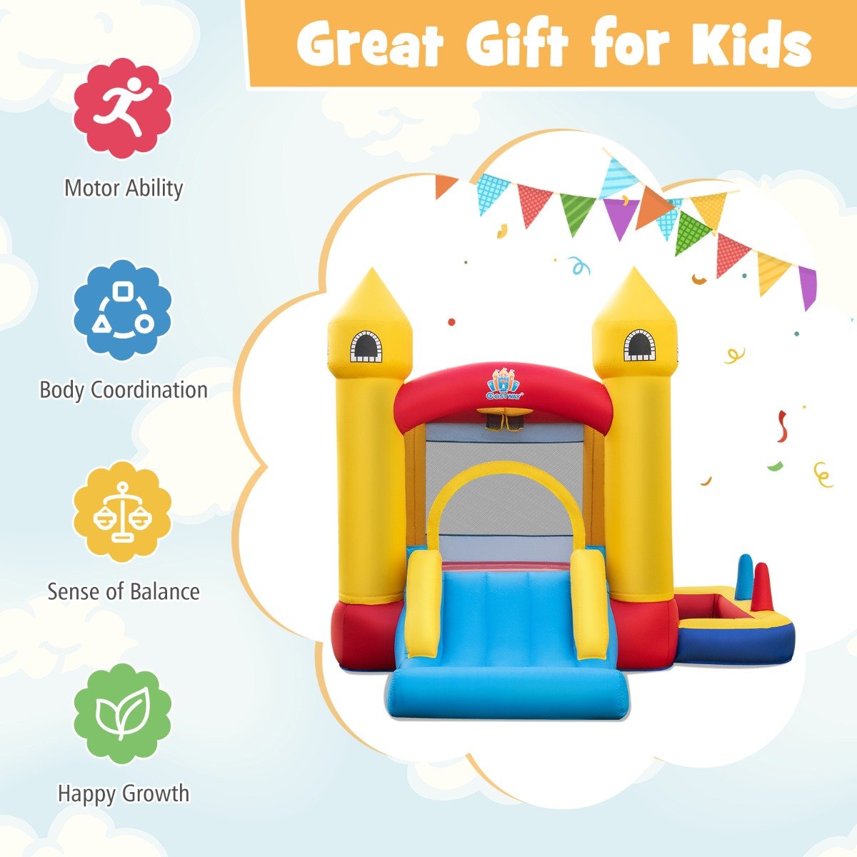 Kids inflatable bounce castle with slide and ball pit for home playtime fun.