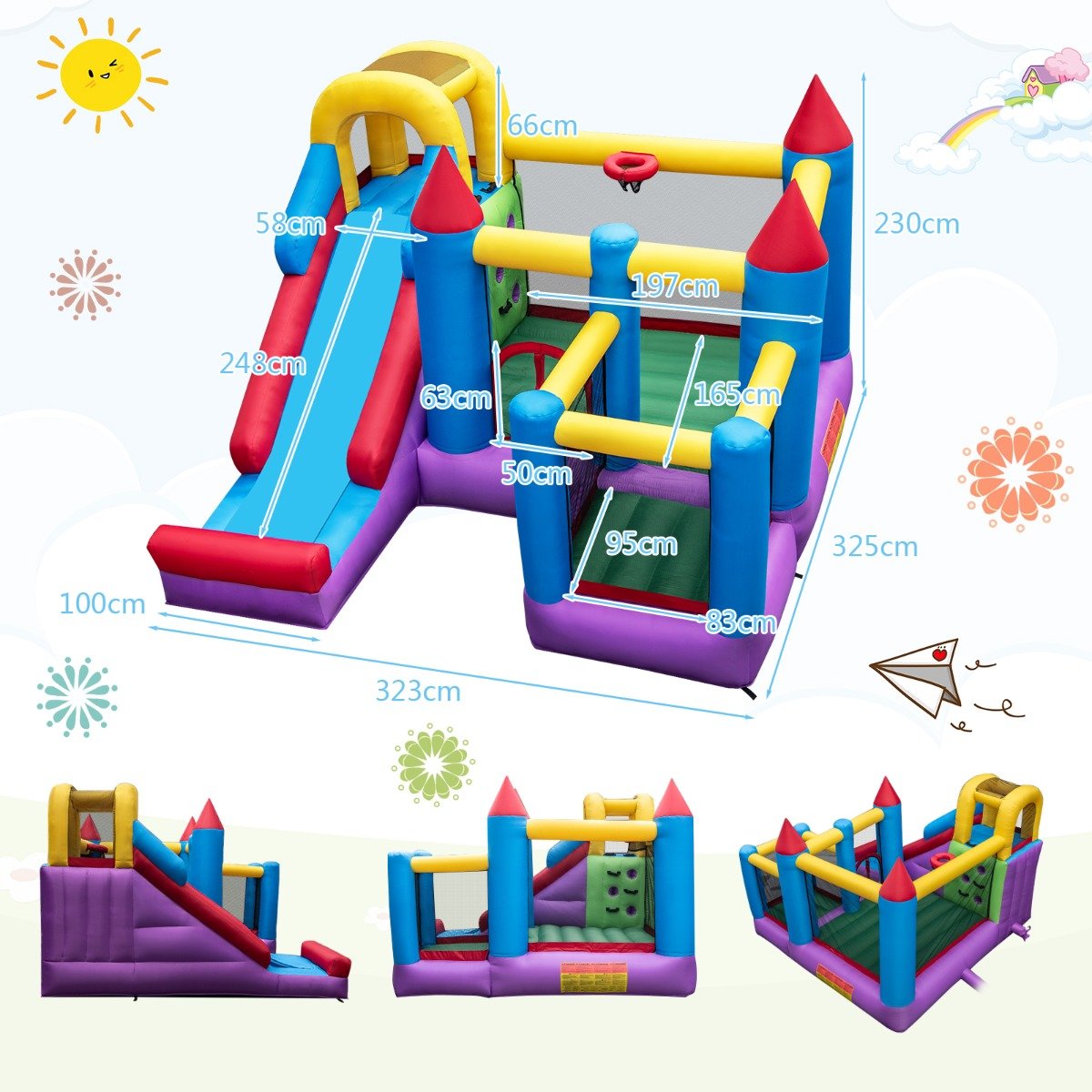 5-in-1 Inflatable Adventure - Slide, Trampoline & Play Zone (Blower Included)