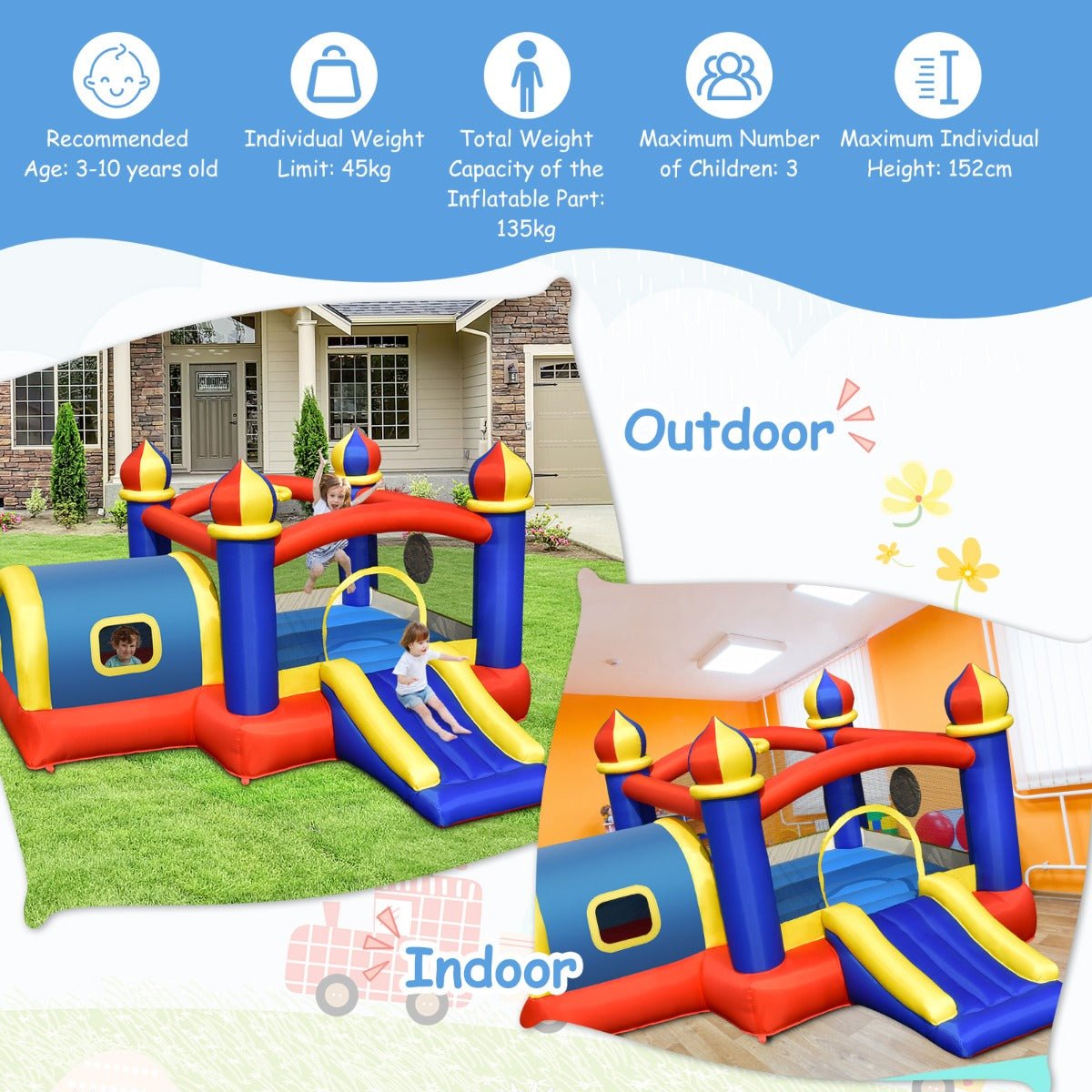 Inflatable Castle with Slide for Kids - 5-in-1 Play Experience (No Blower)