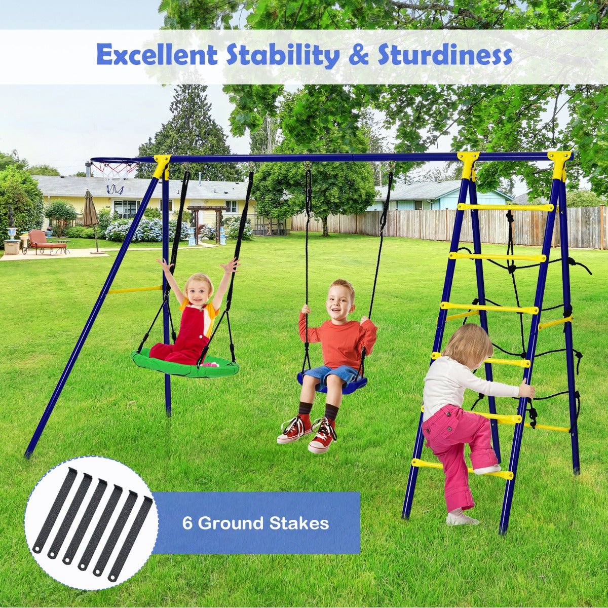 colourful 5-in-1 Swing Set: A-Shaped Metal Frame for Children's Fun
