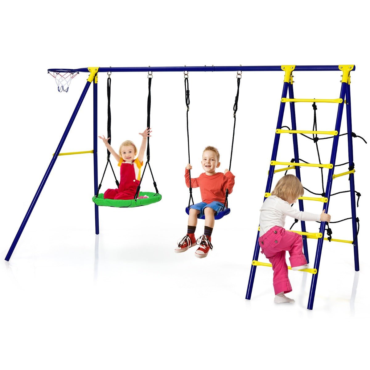 Outdoor Playtime Joy: 5-in-1 Kids Swing Set with A-Shaped Metal Frame